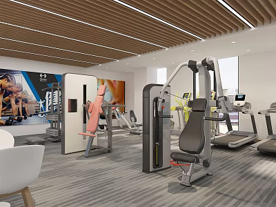 Modern Gym Interior With Various Fitness Equipment Workout Machines And Exercise Posters 3d model