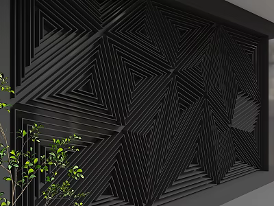 Modern Black Geometric Wall With Triangular Linear Patterns And Green Plants 3d model