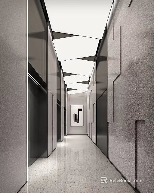 Modern Elevator Corridor Interior Design With Geometric Lighting And Artwork 3d model 
