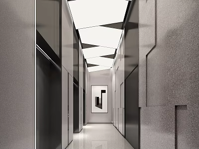Modern Elevator Corridor Interior Design With Geometric Lighting And Artwork 3d model