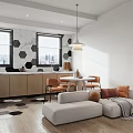 Modern Apartment Interior With Open Living Kitchen White Cabinets Round Table Orange Chairs Pendant Light