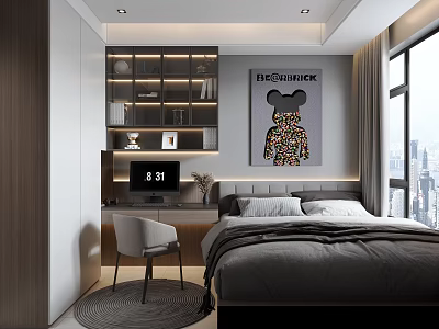 Modern Tatami Bedroom Interior With Tatami Bed Desk Chair Storage And Decorative Art 3d model