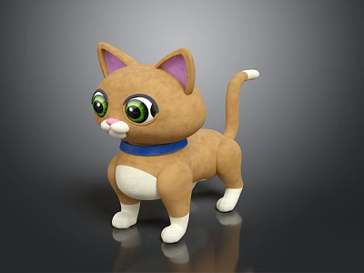 Cute Brown Plush Cat Toy With Pink Ears Green Eyes Blue Collar White Belly Paws 3d model