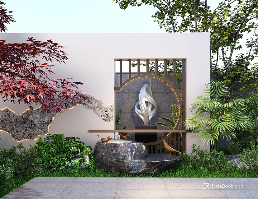 Modern Garden Wall With Circular Lattice Silver Sculpture Stone Water Feature And Green Plants 3d model 