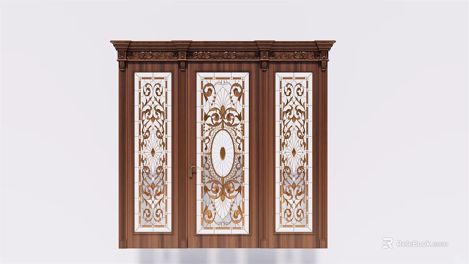 Elegant Wooden Entrance Door With Ornate Carved Patterns And Glass Panels 3d model 