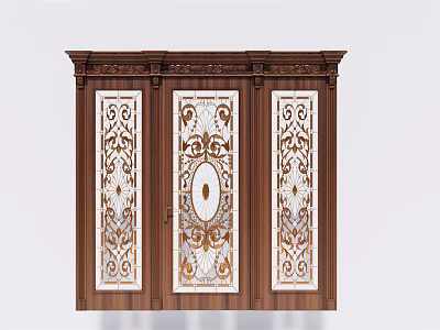 Elegant Wooden Entrance Door With Ornate Carved Patterns And Glass Panels 3d model