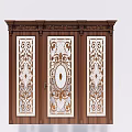 Elegant Wooden Entrance Door With Ornate Carved Patterns And Glass Panels