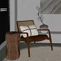 Stylish Rattan Leisure Chair With Wooden Frame Striped Cushion Indoor Sunlight Shadows