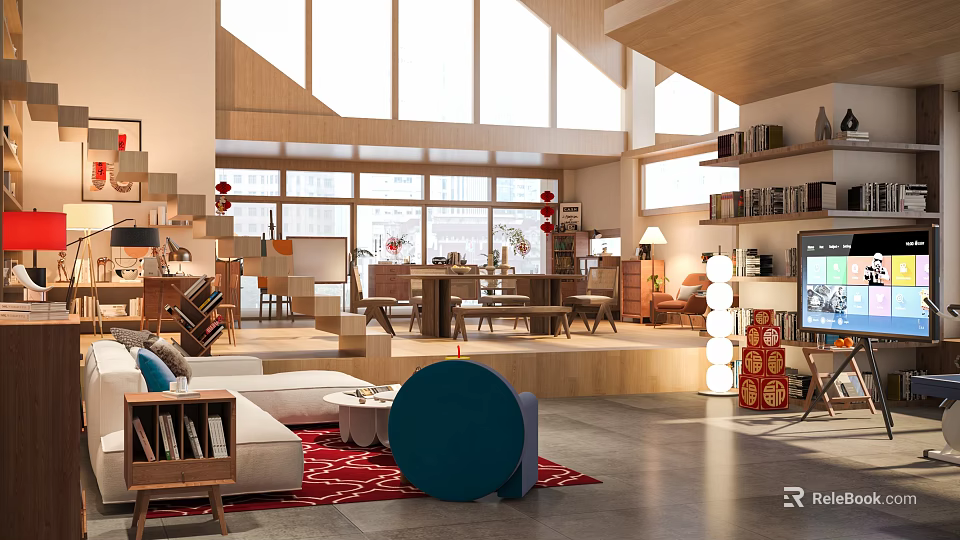 Modern Leisure Area Interior Design With Large Windows Sofa And Wooden Bookshelves 3d model 