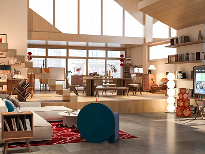 Modern Leisure Area Interior Design With Large Windows Sofa And Wooden Bookshelves 3d model