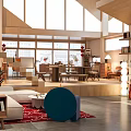 Modern Leisure Area Interior Design With Large Windows Sofa And Wooden Bookshelves