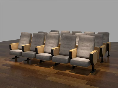 Gray Public Chairs With Wooden Armrests Neatly Arranged In Indoor Setting With Wooden Floor 3d model