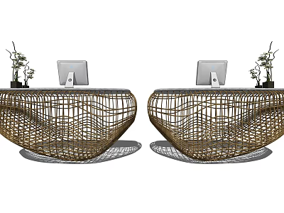 Woven Rattan Reception Desks With Oval Shape Computers And Potted Plants 3d model