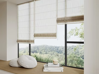 Linen Roman Blinds Decorating Window With Green Landscape And Cushions On Sill 3d model