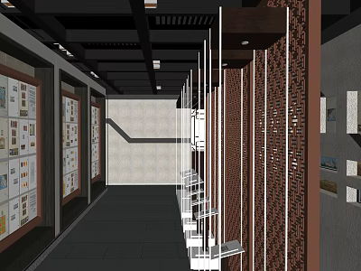 Traditional Chinese Cultural Center Interior With Display Walls And Carved Wooden Screens 3d model