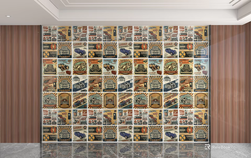 Vintage Car Theme Background Wall With Retro Poster Patterns And Decorative Design Elements 3d model