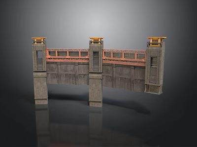 Concrete Dam Structure With Tower Pillars And Yellow Top Orange Beams 3d model
