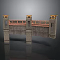 Concrete Dam Structure With Tower Pillars And Yellow Top Orange Beams