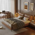 Warm Bedroom With Brown Leather Headboard Quilt Pillows Nightstand Lamp Paintings And Book On Carpet