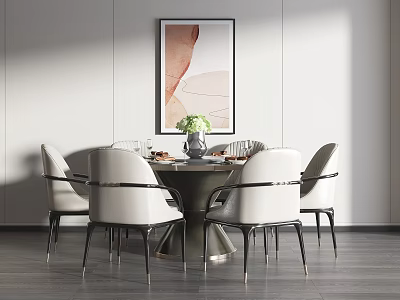 Modern Dining Table Set with Round Table White Chairs and Wall Art with Flower Vase 3d model