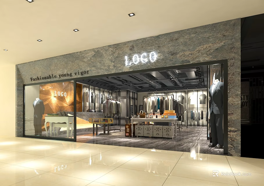 Modern Stylish Menswear Clothing Store With Marble Facade And Elegant Garment Display In Shopping Mall 3d model 
