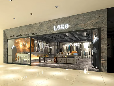 Modern Stylish Menswear Clothing Store With Marble Facade And Elegant Garment Display In Shopping Mall 3d model