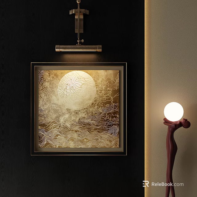 Abstract Painting With Luminous Circular Shape And Wavy Patterns In Dark Frame 3d model 