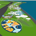 Park Landscape with Waterfront Green Lawns Pathways and Colorful Circular Areas with Shade Structures