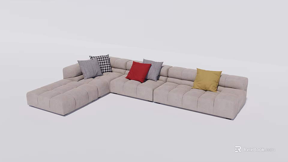 Modern Beige Fabric Sectional Sofa with Red Yellow and Gray Throw Pillows 3d model
