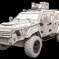 Khaki Armored Utility Vehicle With Large Tires Roof Mounted Equipment And Rugged Design