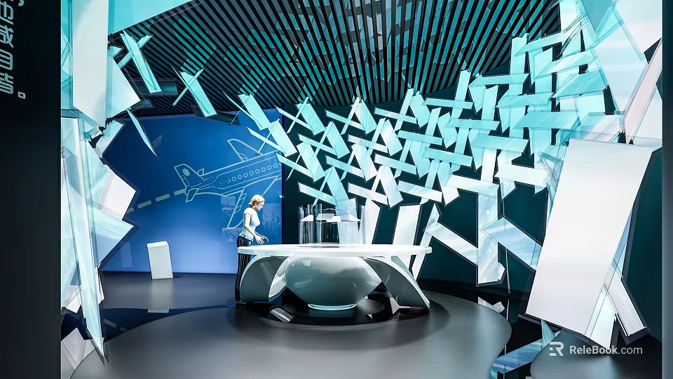 Modern Exhibition Hall With Geometric Decorations Interactive Counter And Blue Lighting 3d model