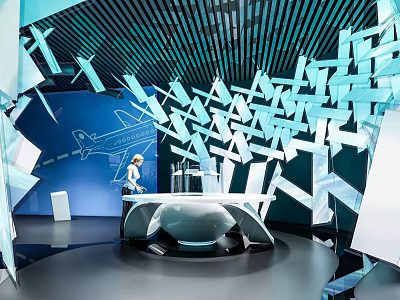Modern Exhibition Hall With Geometric Decorations Interactive Counter And Blue Lighting 3d model