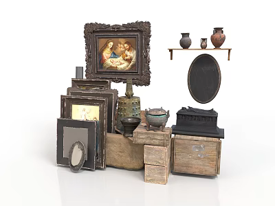 Vintage Household Items Display With Ceramic Vases Photo Frames Bowls And Wooden Cabinets 3d model