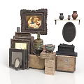 Vintage Household Items Display With Ceramic Vases Photo Frames Bowls And Wooden Cabinets