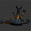 Detailed 3D Military Warship Model With Turrets Smokestack And Orange Accents
