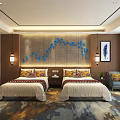 Modern Hotel Guest Room Interior With Bed Sofa Desk TV Pendant Lamp And Ethnic Decor