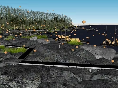 Natural Garden Landscape With Rocky Terrain Green Grass Winding Pathways And Hanging Lanterns 3d model