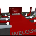 Check in Area With Red Backdrop Desk And Decorative White Lights Setup 3d model