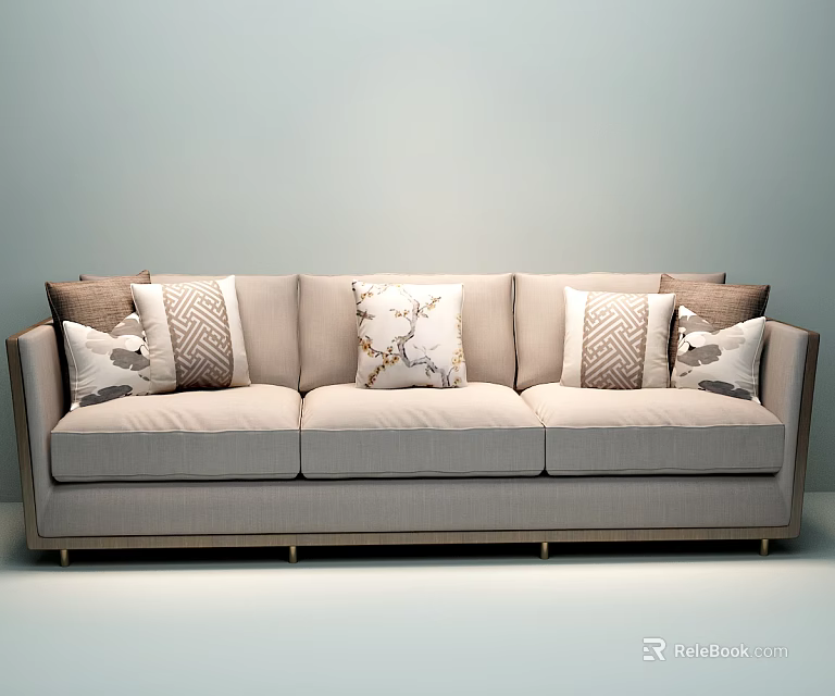 Modern Minimalist Three Seater Sofa With Light Gray Fabric And Patterned Throw Pillows 3d model