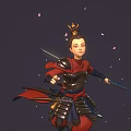 Warrior In Red Black Armor With Topknot Holding Long Sword Amid Falling Petals Dark Background