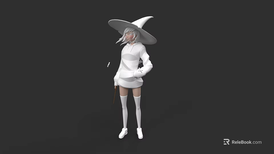 Woman In White Witch Costume With Large Hat And Magic Wand 3d model 