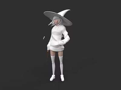 Woman In White Witch Costume With Large Hat And Magic Wand 3d model