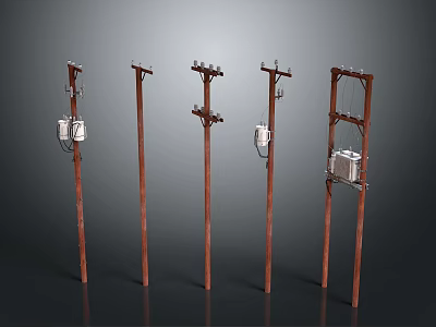 Different Wooden Electric Poles With Power Transformers And Utility Crossarms 3d model