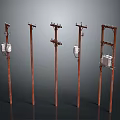 Different Wooden Electric Poles With Power Transformers And Utility Crossarms