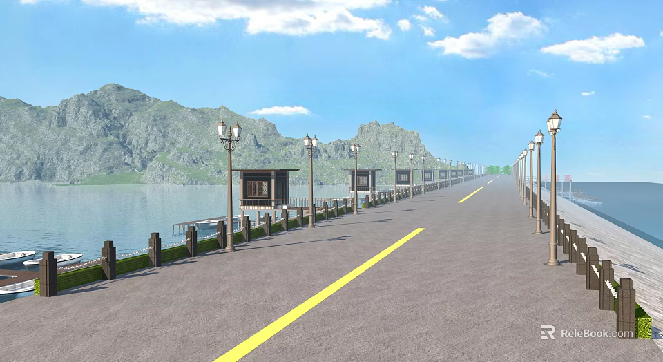 Scenic Waterfront Road Railing With Street Lamps Small Pavilions And Mountain View 3d model 