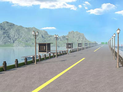 Scenic Waterfront Road Railing With Street Lamps Small Pavilions And Mountain View 3d model