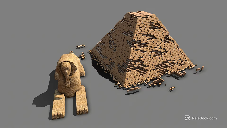 Ancient Architecture With Brick Pyramid And Sphinx Statue Featuring Scattered Bricks 3d model 