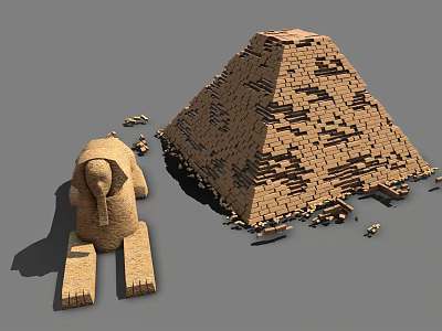 Ancient Architecture With Brick Pyramid And Sphinx Statue Featuring Scattered Bricks 3d model