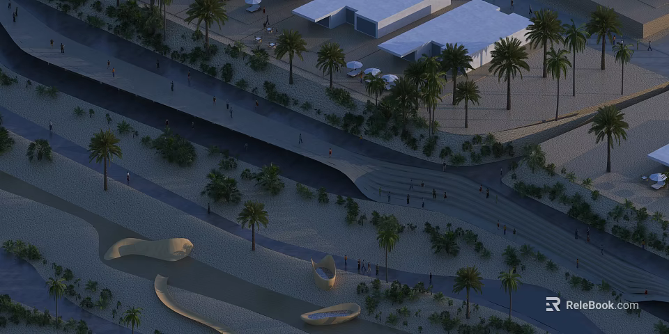 Aerial View Planning of Landscaped Urban Area with Palm Trees Curved Walkways and Pedestrians 3d model 