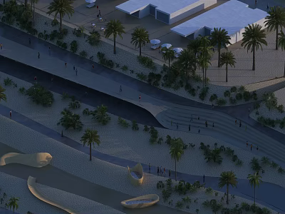 Aerial View Planning of Landscaped Urban Area with Palm Trees Curved Walkways and Pedestrians 3d model